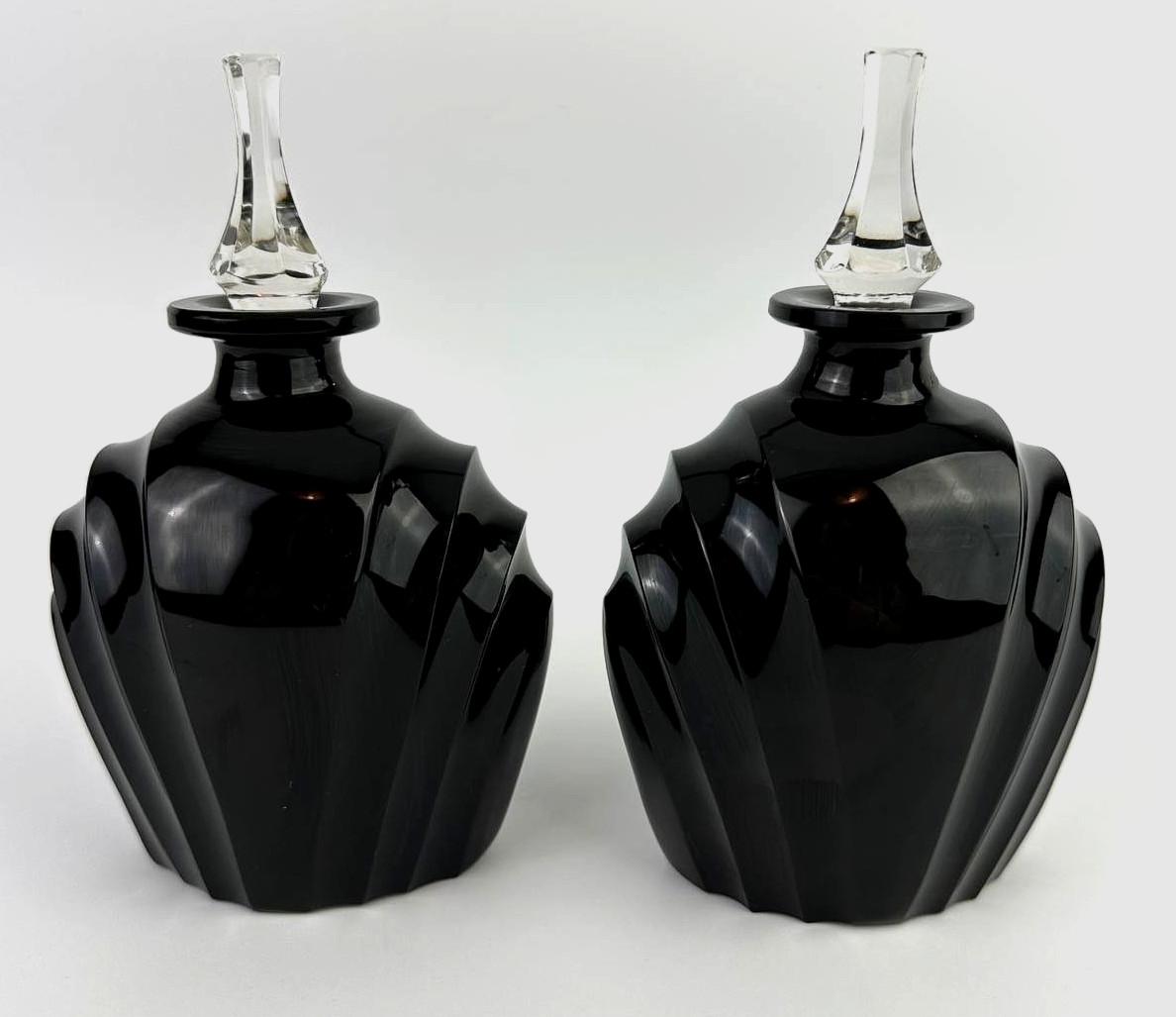 Art Deco Gothic Opaque Black Glass Decanters Pair Flame Stoppers Large 6.75" Art Deco Gothic Opaque Black Glass Decanters Pair Flame Stoppers Large 6.75"