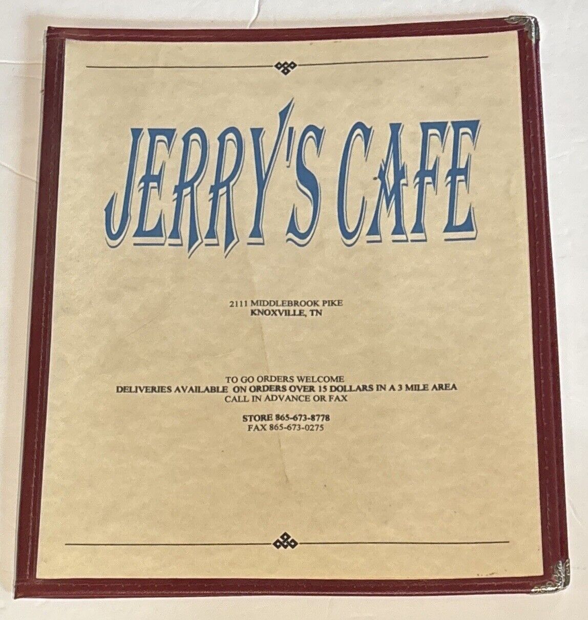 Vintage Jerry’s Cafe Knoxville, TN Folder Menu