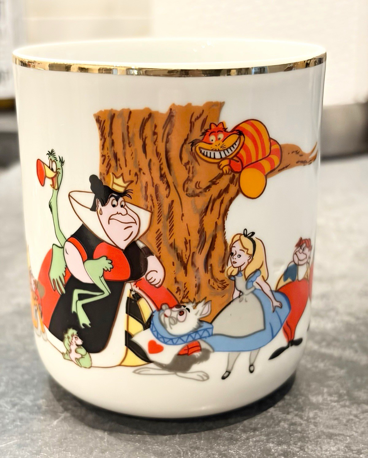Vintage 1970s Disney Alice in Wonderland Character Mug Japan Gold Rim