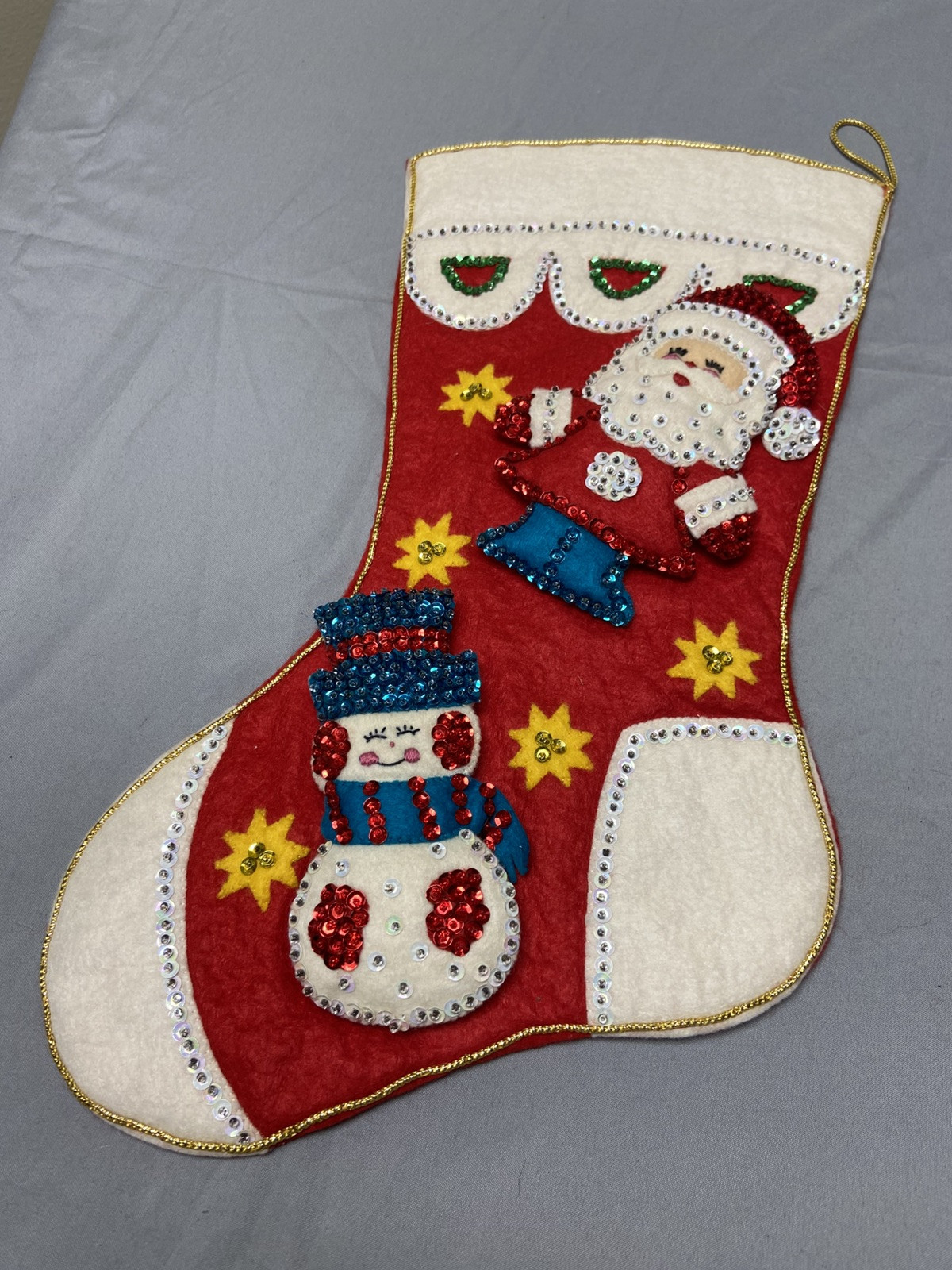 Bucilla Vintage Felt Hand Made Sequin Beaded Santa & Snowman Christmas Stocking Bucilla Vintage Felt Hand Made Sequin Beaded Santa & Snowman Christmas Stocking