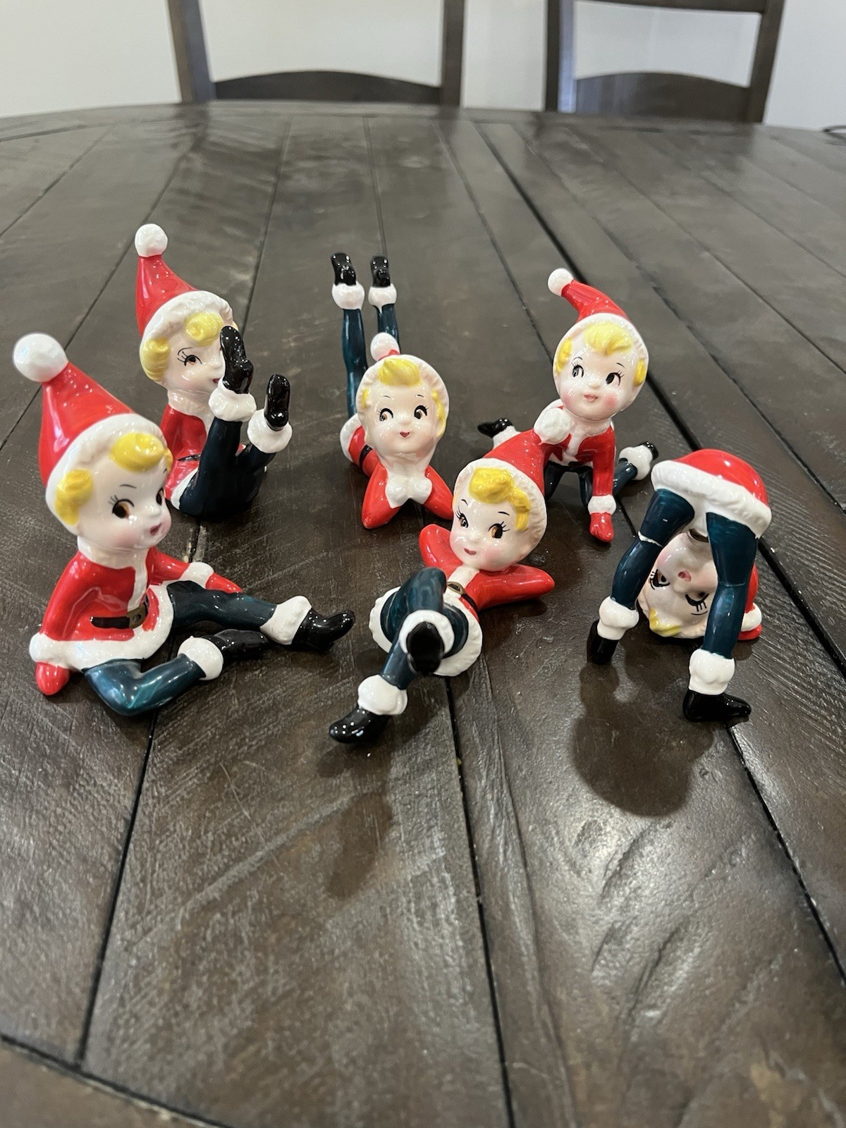 Complete Set of 6 Vintage Christmas Tumbling Elf Pixie Figurines Japan As Is Complete Set of 6 Vintage Christmas Tumbling Elf Pixie Figurines Japan As Is