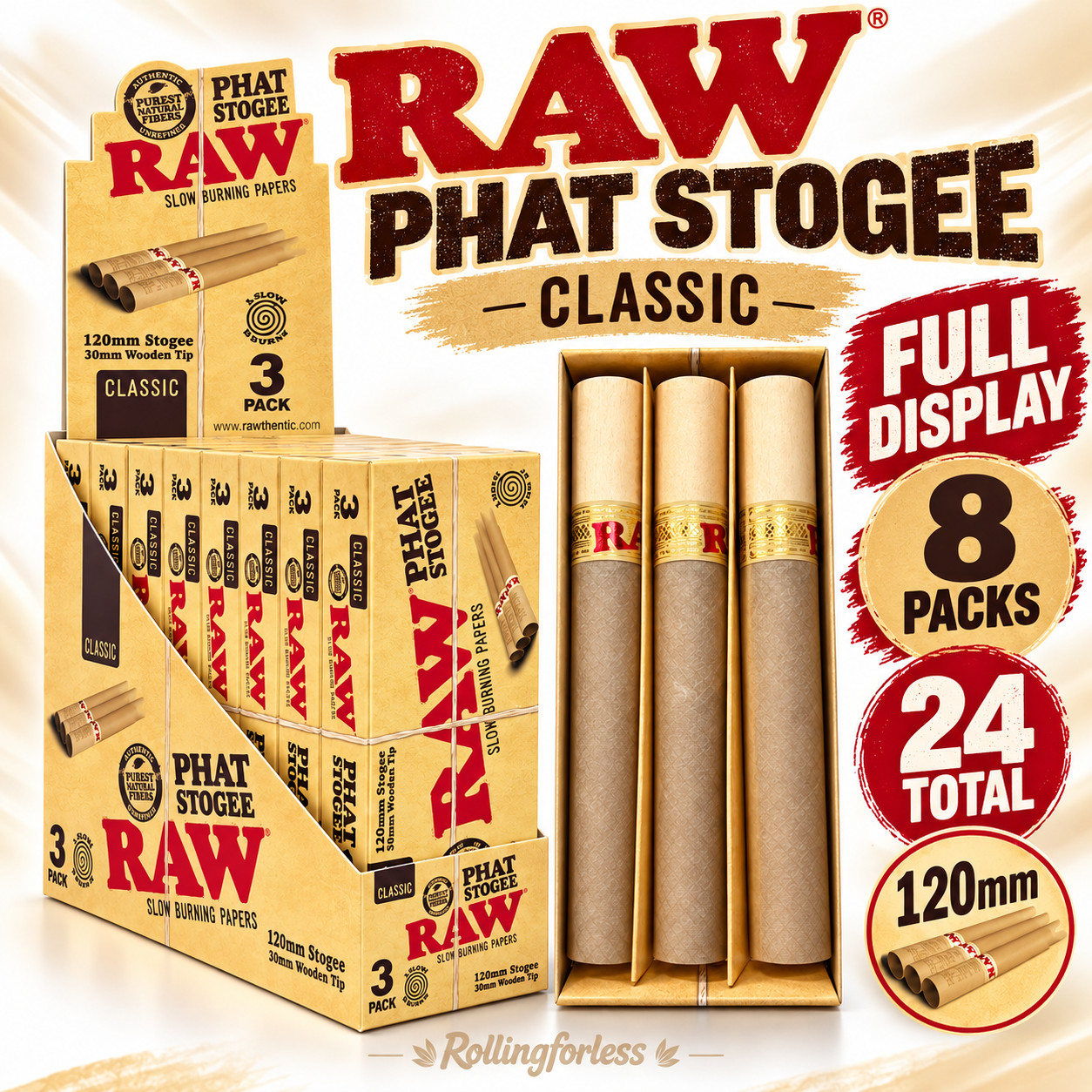 RAW Classic Phat Stogee 120mm Pre-Rolled Cones 3 Pack x 8 Display 24 Total RAW Classic Phat Stogee 120mm Pre-Rolled Cones 3 Pack x 8 Display 24 Total