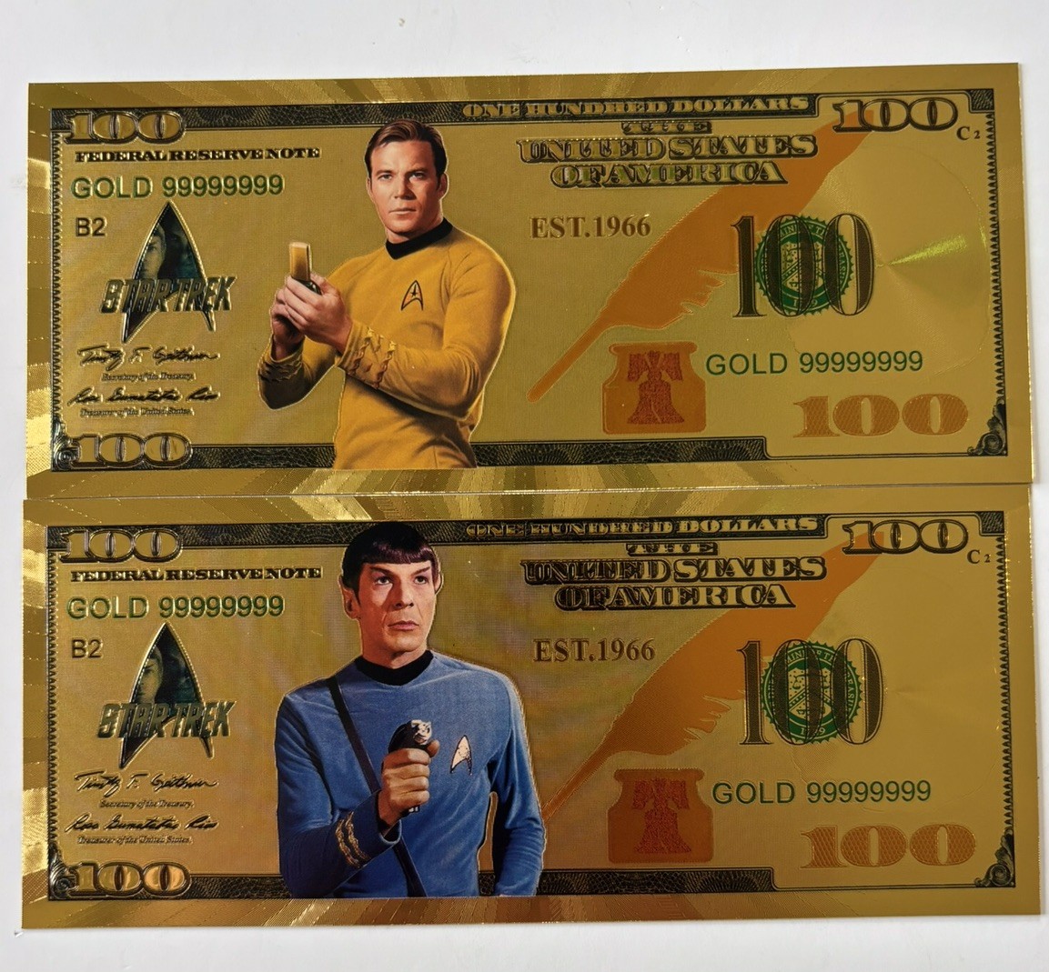 24k Gold Foil Star Trek Collectible Novelty Banknote Set of 2 Captain Kirk Spok 24k Gold Foil Star Trek Collectible Novelty Banknote Set of 2 Captain Kirk Spok