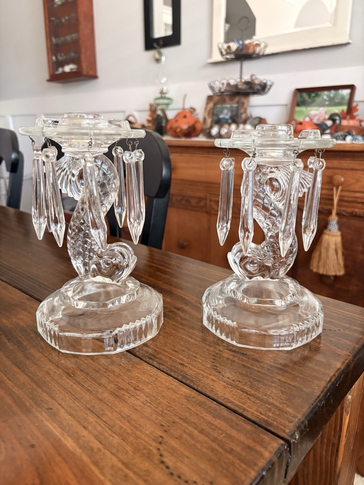 Pair Of Vintage Indiana glass dolphin Koi candle holders w/crystal prisms Pair Of Vintage Indiana glass dolphin Koi candle holders w/crystal prisms