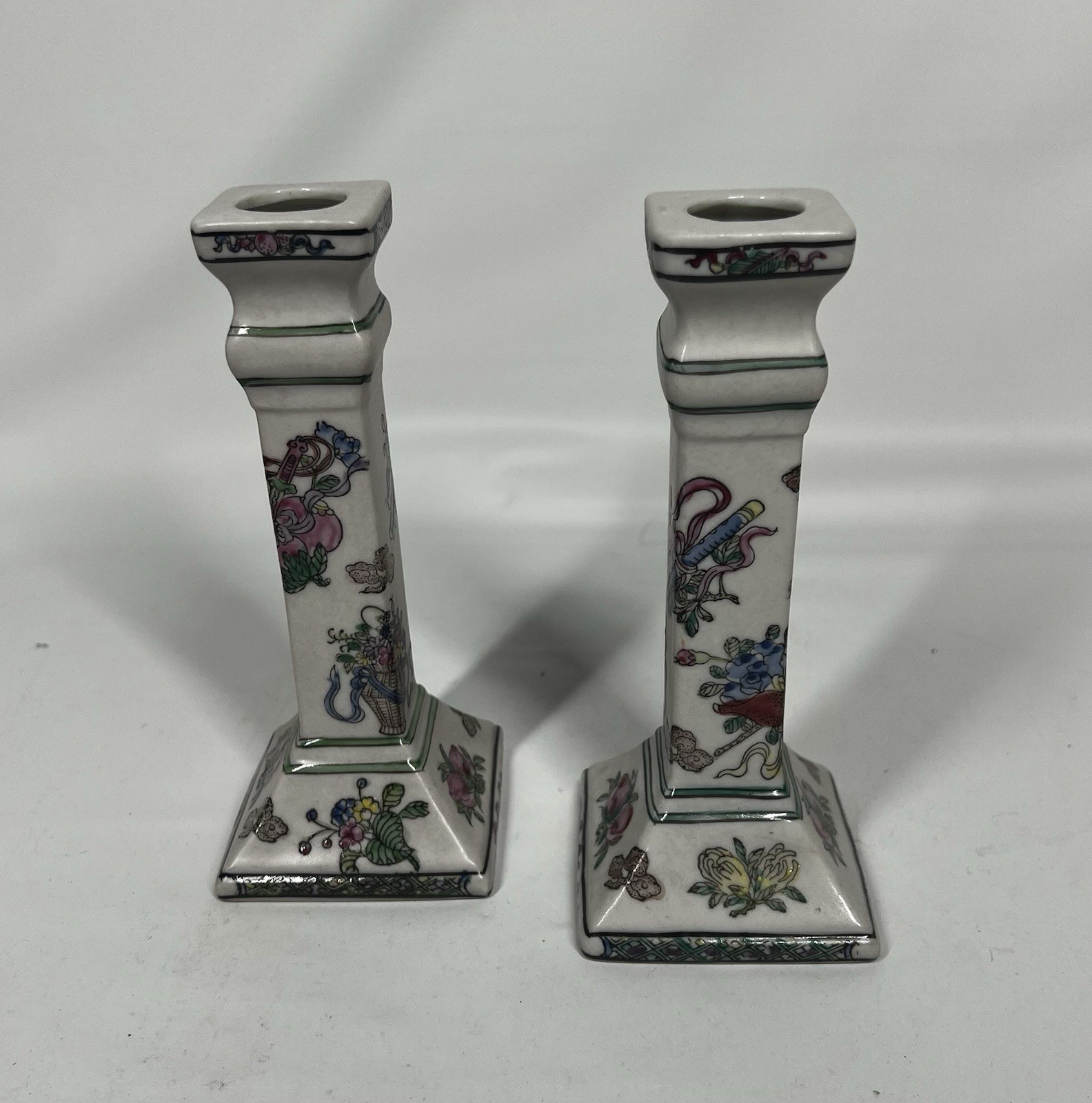Pair of Porcelain Chinoiserie Oriental Macau Floral Candlestick Holders Set 2