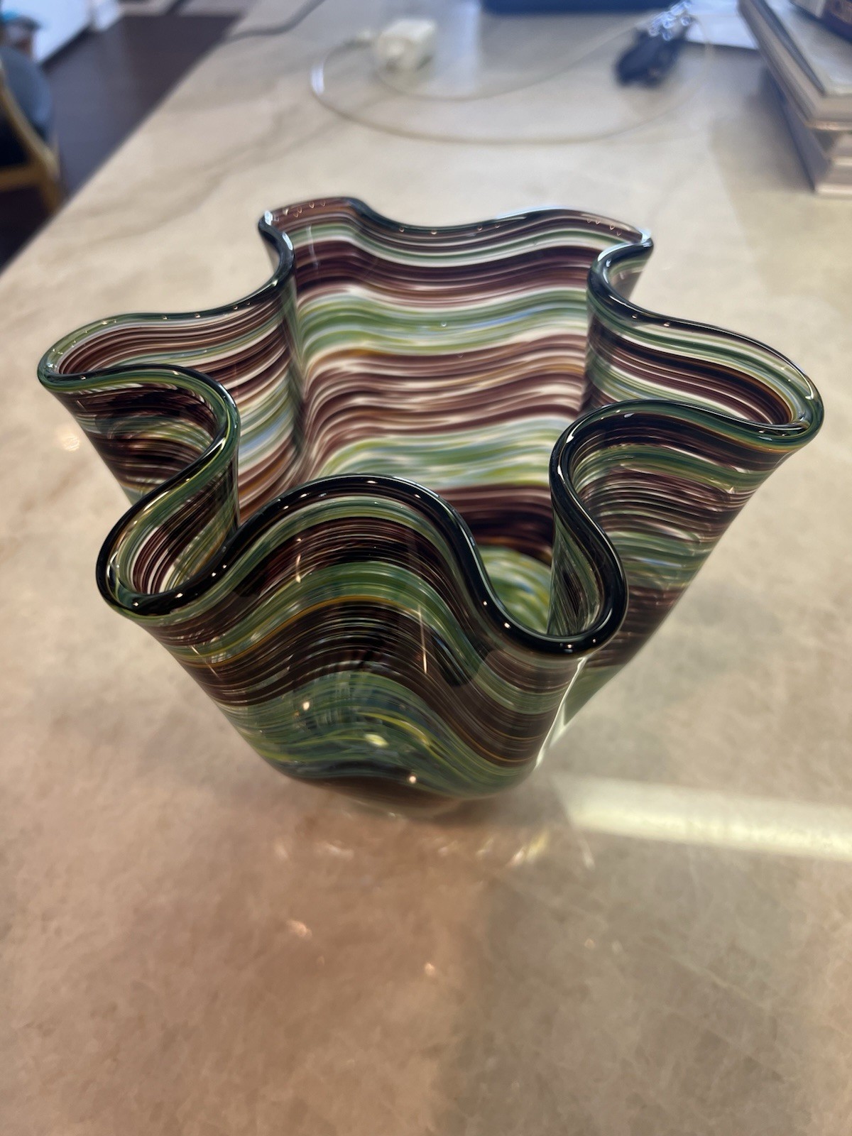 Vtg Hand Blown MURRHINA Glass 7" Vase Ruffle Top Green Brown Blue Swirl Vtg Hand Blown MURRHINA Glass 7" Vase Ruffle Top Green Brown Blue Swirl