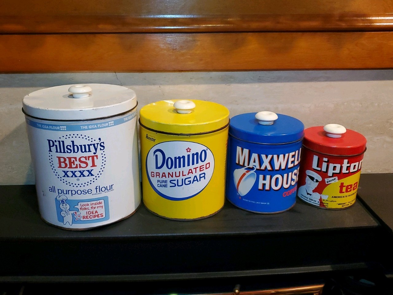 JL Clark Vintage Pillsbury Domino Maxwell Lipton Tea Tin Canister Set 4 Pieces JL Clark Vintage Pillsbury Domino Maxwell Lipton Tea Tin Canister Set 4 Pieces