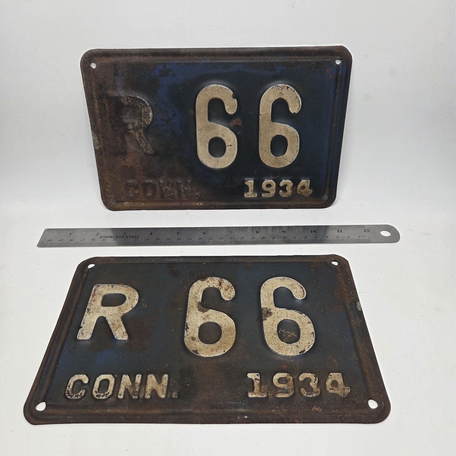 1934 Connecticut License Plates Two Digit #66 Three Character R 66 Matched Pair 1934 Connecticut License Plates Two Digit #66 Three Character R 66 Matched Pair