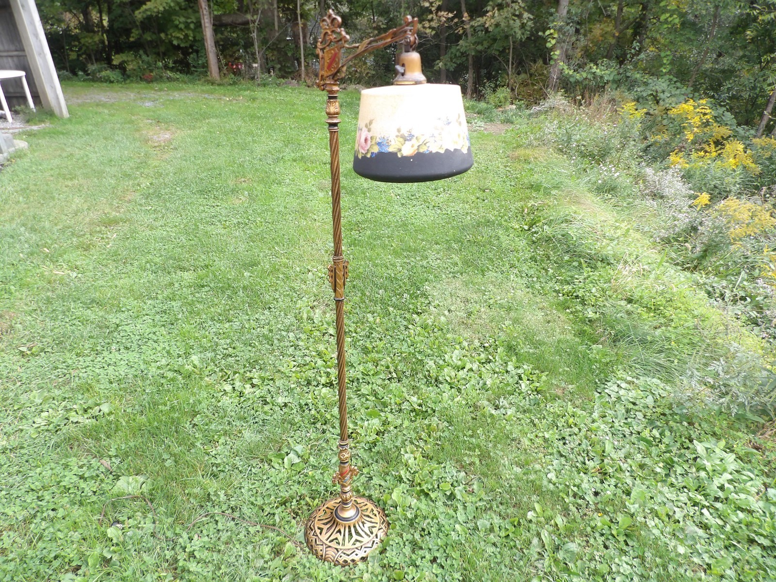 Antique Victorian Gothic Revival Crest Wrought Iron Bridge Ornate Floor Lamp