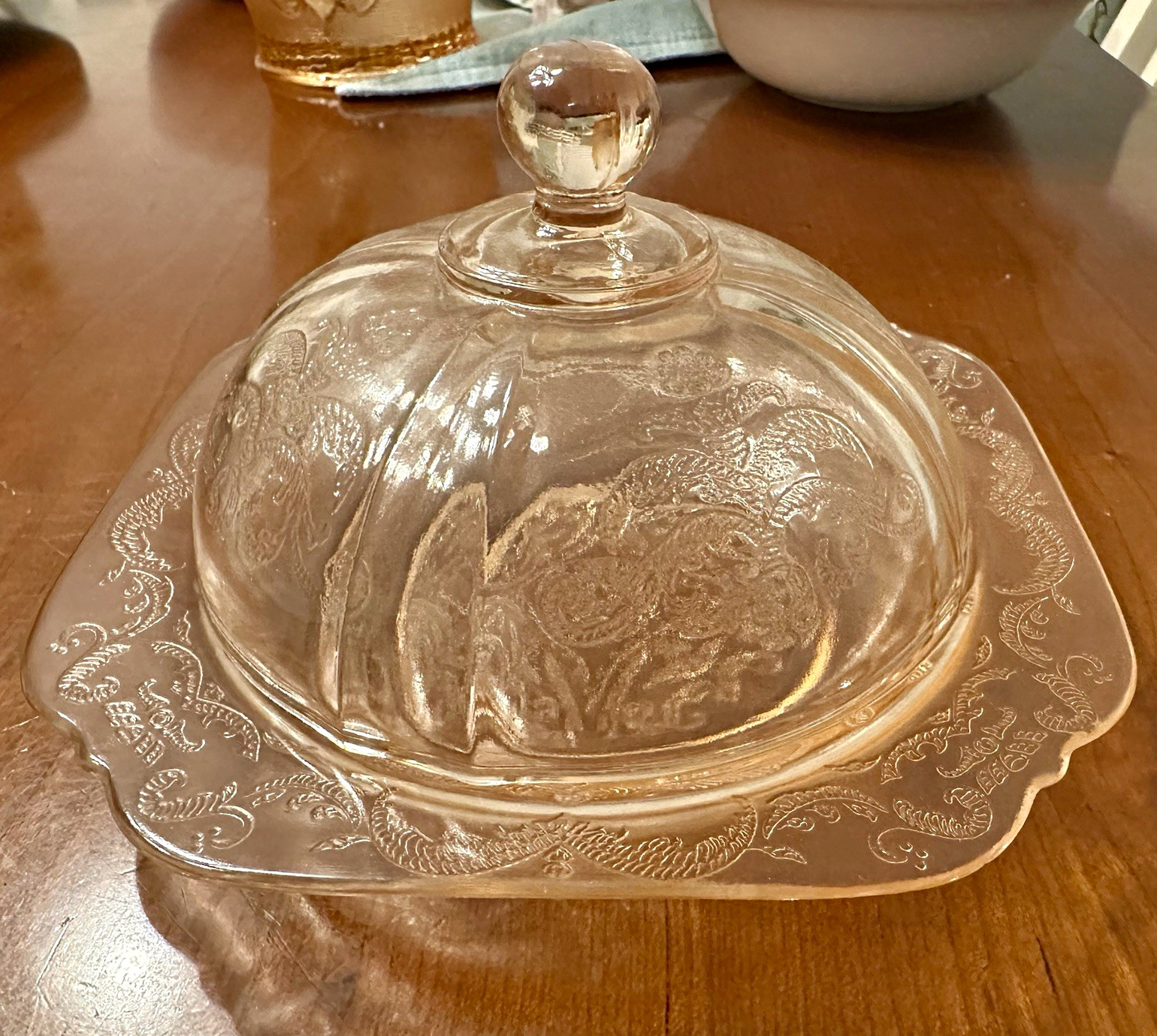 Vintage Pink Depression Glass Butter Dish Floral Pattern, Square Base, 2-Piece Vintage Pink Depression Glass Butter Dish Floral Pattern, Square Base, 2-Piece