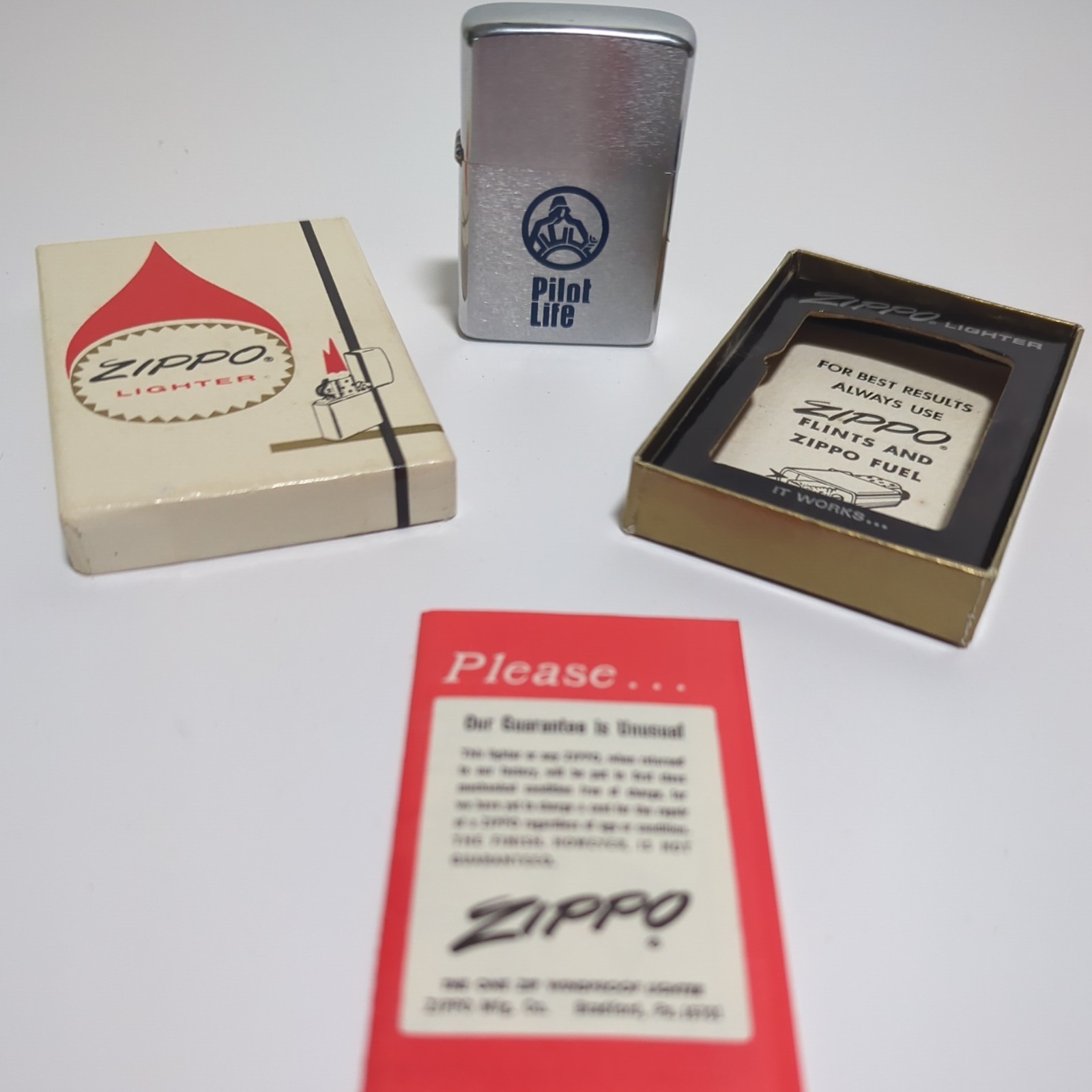 Vintage 1970s Pilot Life Advertising Zippo Lighter With Box Vintage 1970s Pilot Life Advertising Zippo Lighter With Box