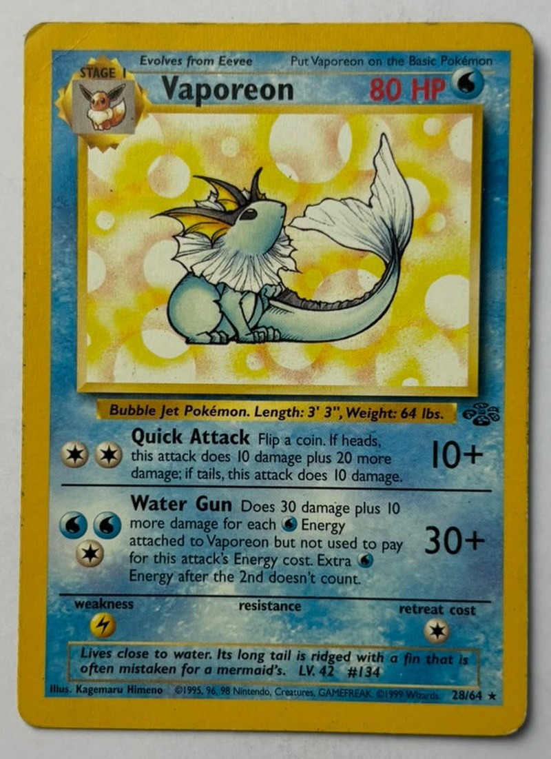 Vaporeon 28/64 Jungle Pokemon Card 1999 WOTC Vintage Vaporeon 28/64 Jungle Pokemon Card 1999 WOTC Vintage