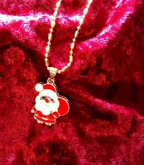Christmas Santa Claus Gold* Enamel Pendant 18KGF Chain