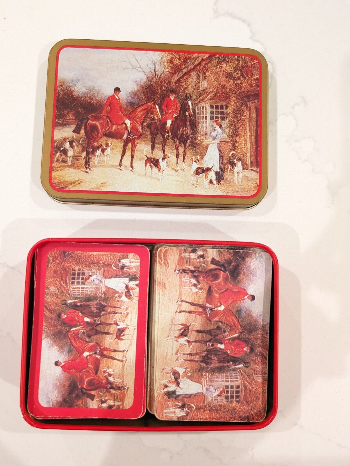 Vintage 1991 Current English Manor Playing Cards in Tin 2 Decks Hunting scene