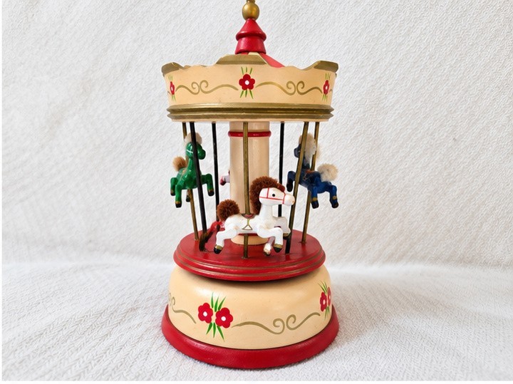 Vintage Wooden Carousel Music Box Jingle Bells Rotating Horses Taiwan ROC Vintage Wooden Carousel Music Box Jingle Bells Rotating Horses Taiwan ROC