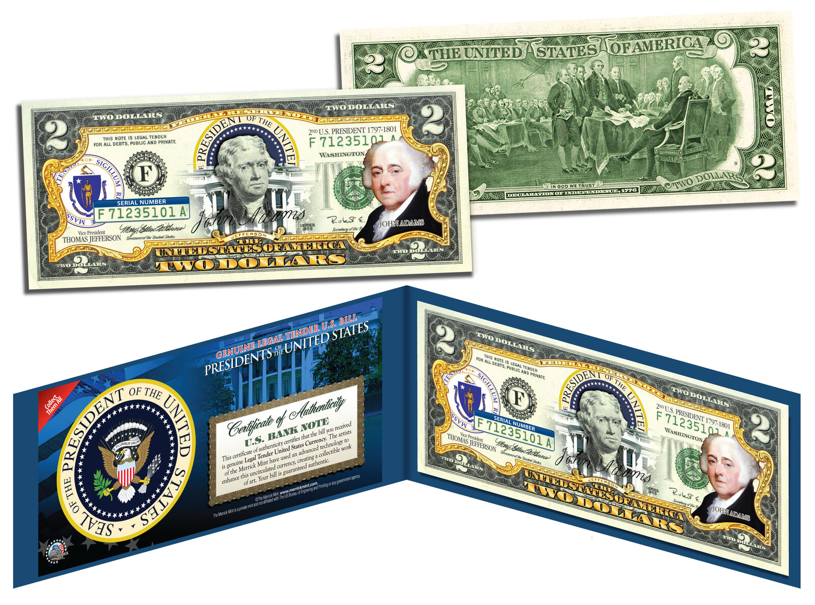 JOHN ADAMS * 2nd U.S. President * Colorized $2 Bill US Genuine Legal Tender
