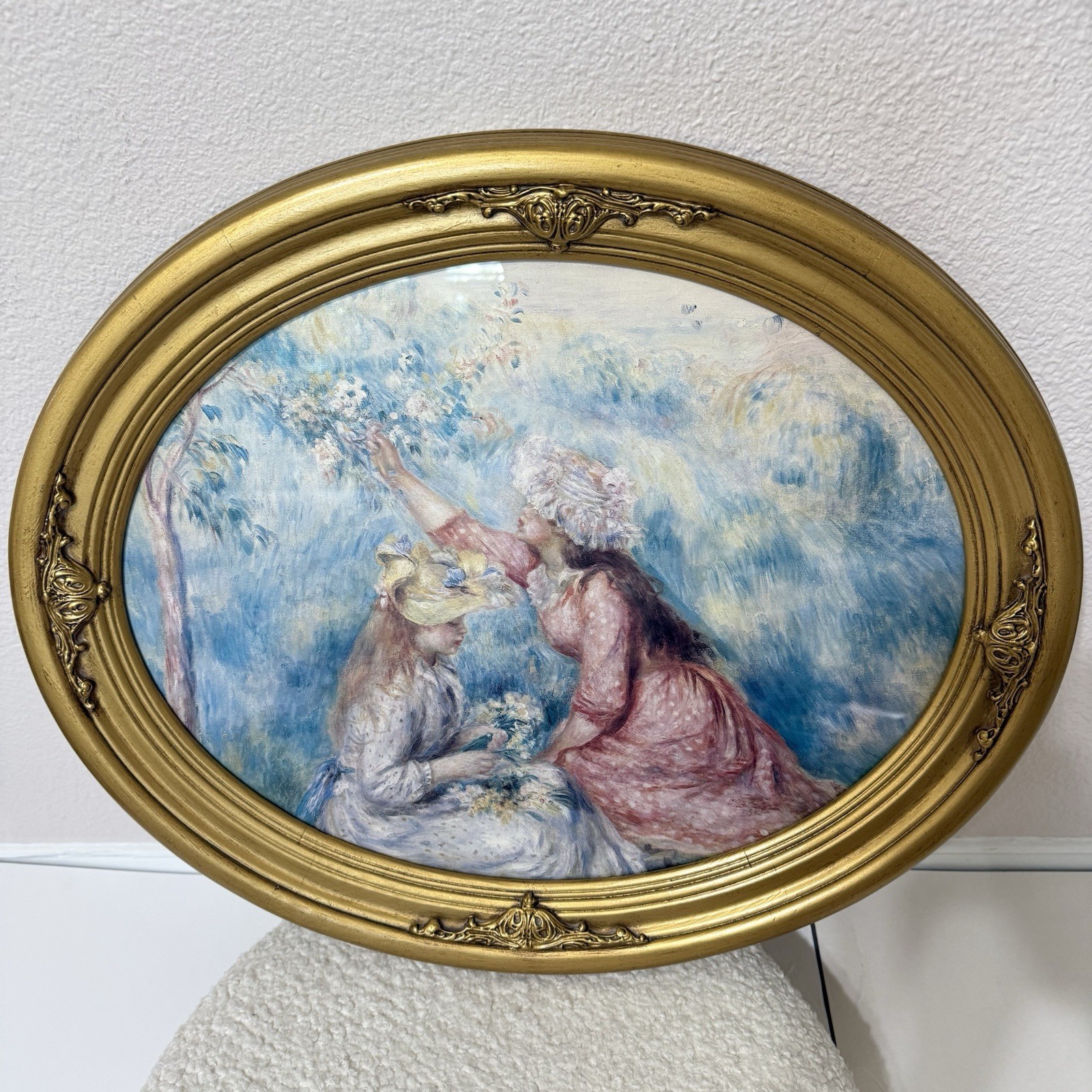 Large VTG Art Lee K Parkinson Lady Picking Flowers Wood Oval Gold Frame 24 X 20”