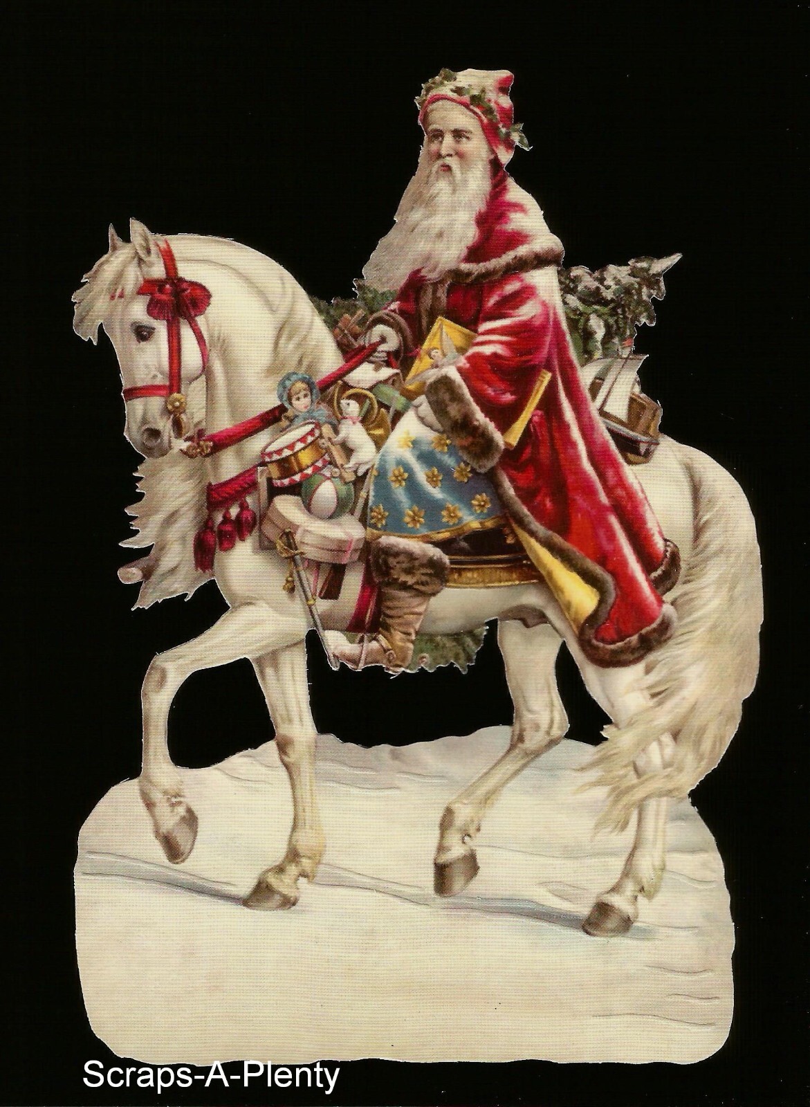 German Embossed Scrap Die Cut - Large Christmas Santa On Horse  BK5124