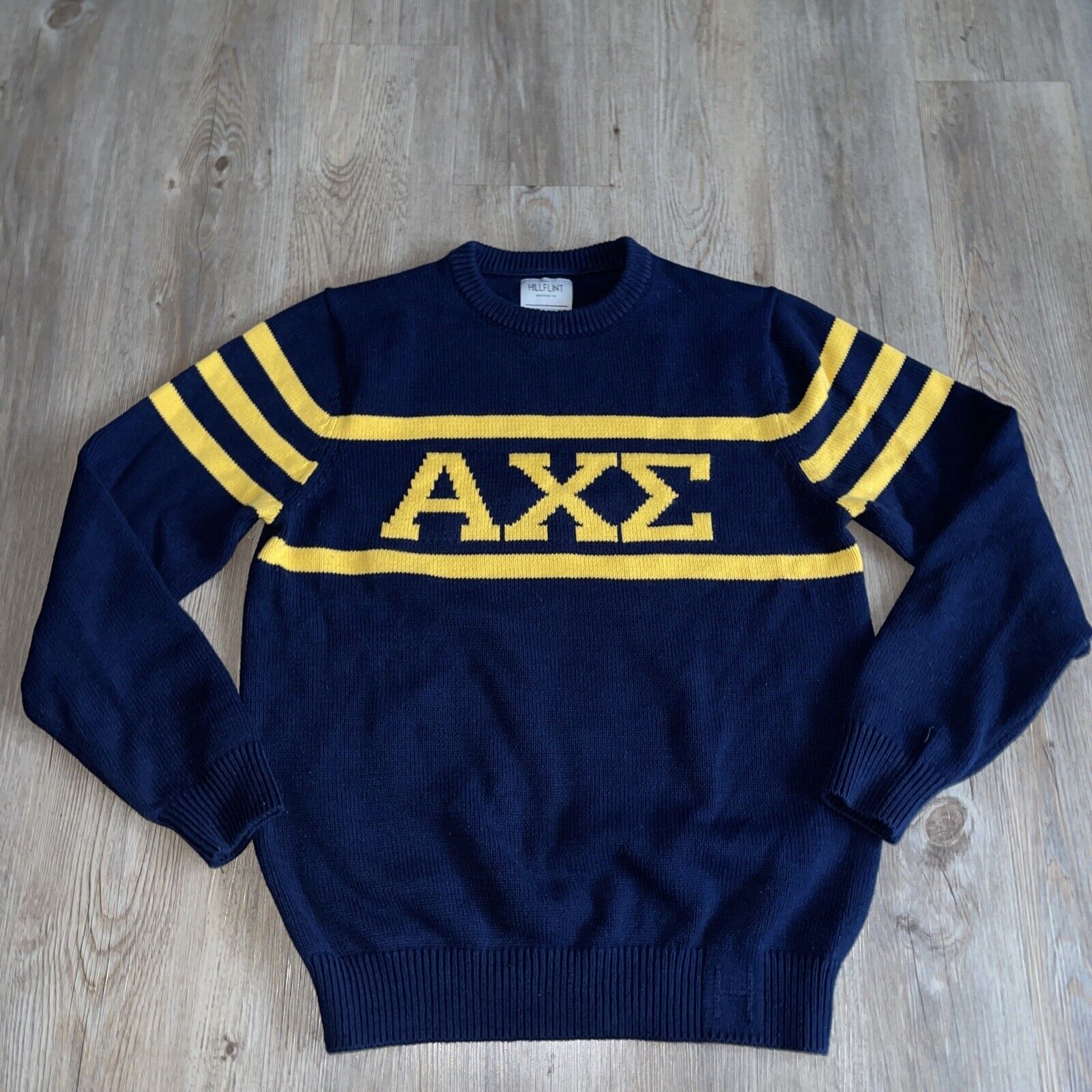 Alpha Chi Sigma Fraternity Vintage Sweater Size Medium Hillflint Blue Gold Rare