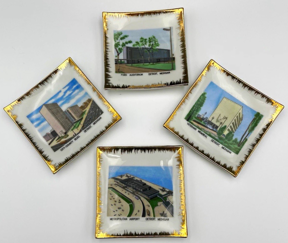 Vintage World Creations Japan Detroit Michigan Souvenir Dishes Set 4 Gold Trim Vintage World Creations Japan Detroit Michigan Souvenir Dishes Set 4 Gold Trim