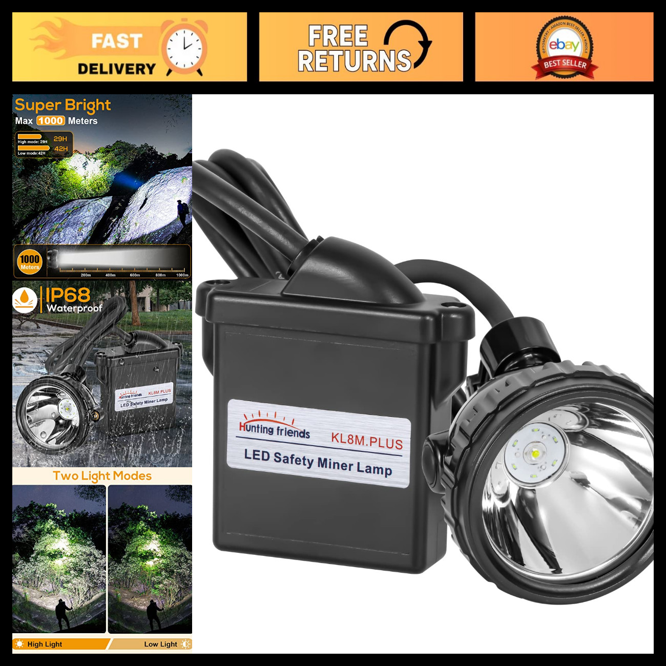 Bright LED Mining Headlamp, 1+6 Rechargeable Waterproof Safety Cap Light, Hard H