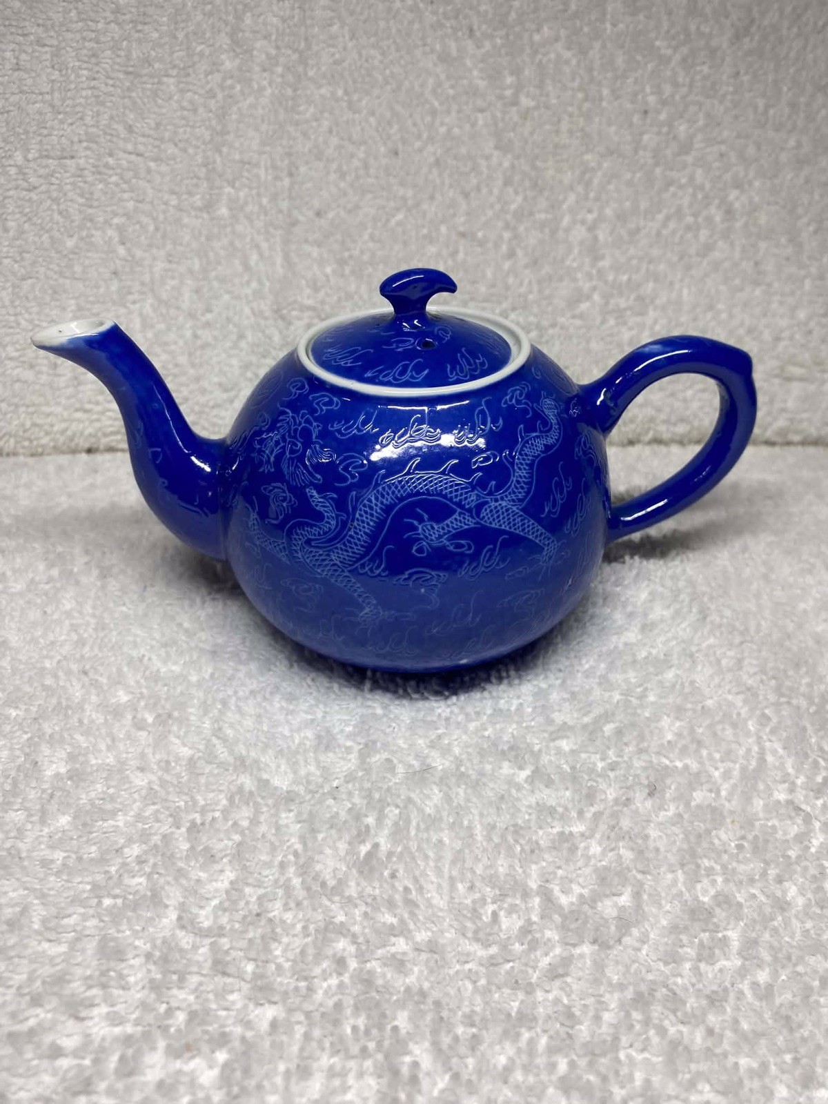 Vintage Chinese Cobalt Blue Porcelain Teapot-Etched White Dragon Daoguang Mark