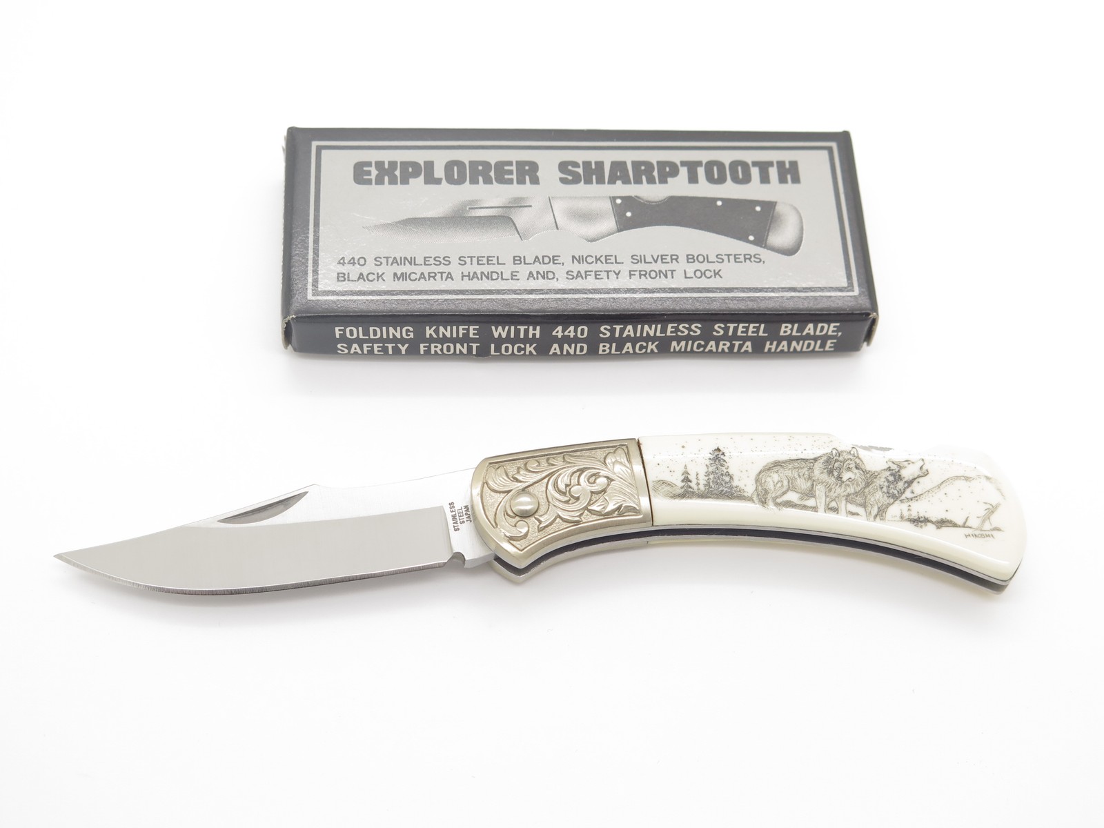 Vtg Explorer G Sakai Seki Japan Wolf Scrimshaw 3.1 Folding Lockback Pocket Knife