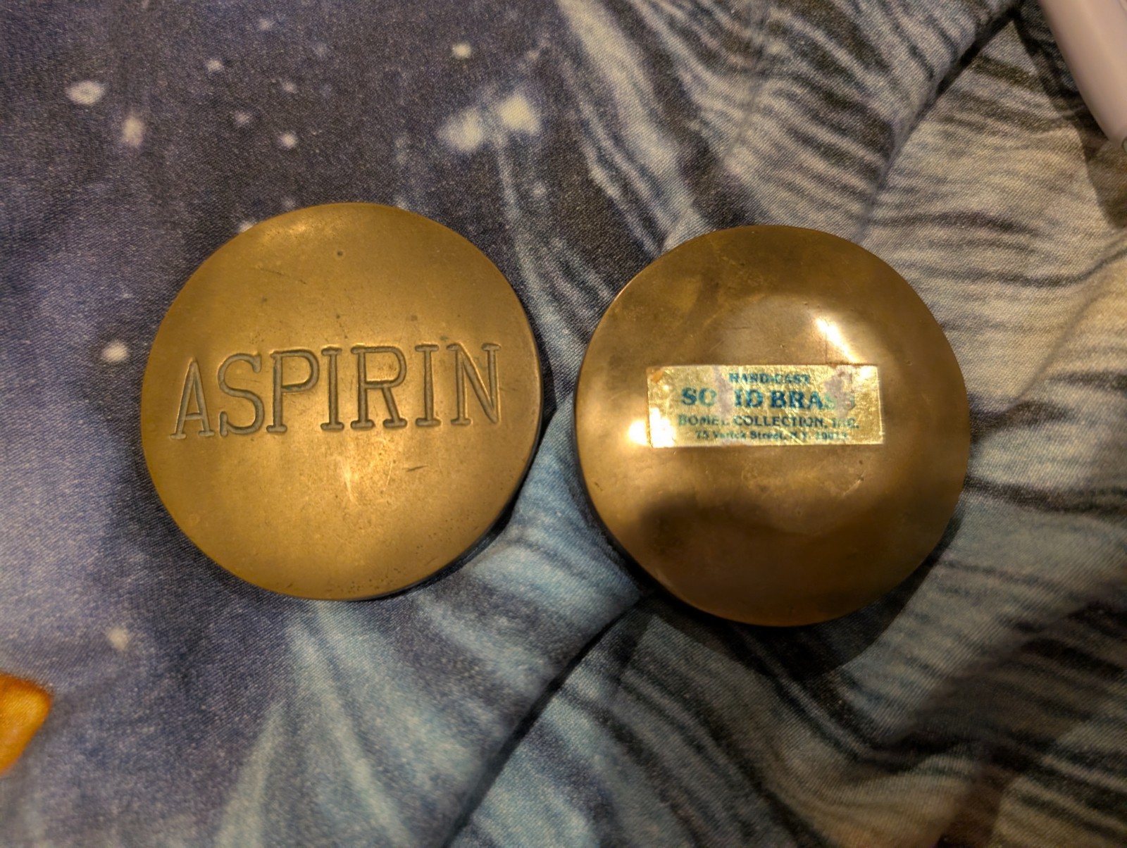 Vintage Heavy Solid Brass ASPIRIN Pill Box Trinket Box MCM 2.5" Collectible Vintage Heavy Solid Brass ASPIRIN Pill Box Trinket Box MCM 2.5" Collectible