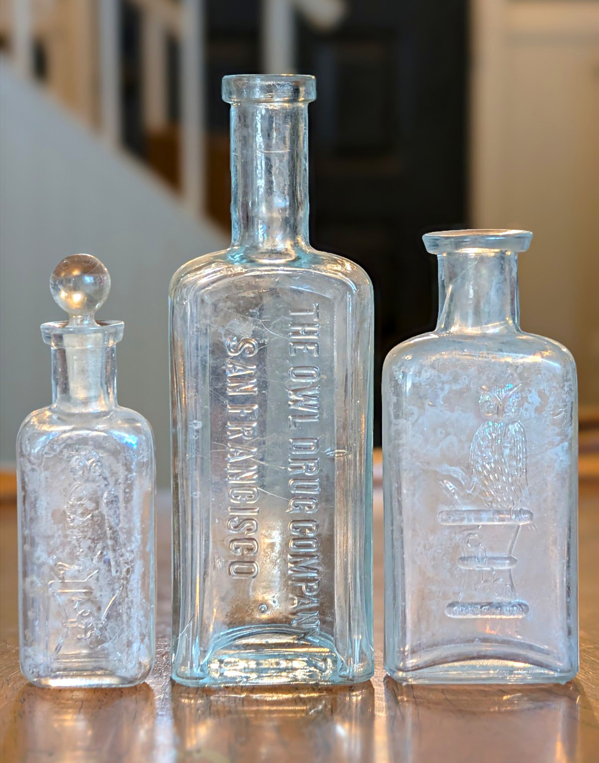 Trio Antique The Owl Drug Co San Francisco Bottles One Wing WT&Co Stopper 1890s
