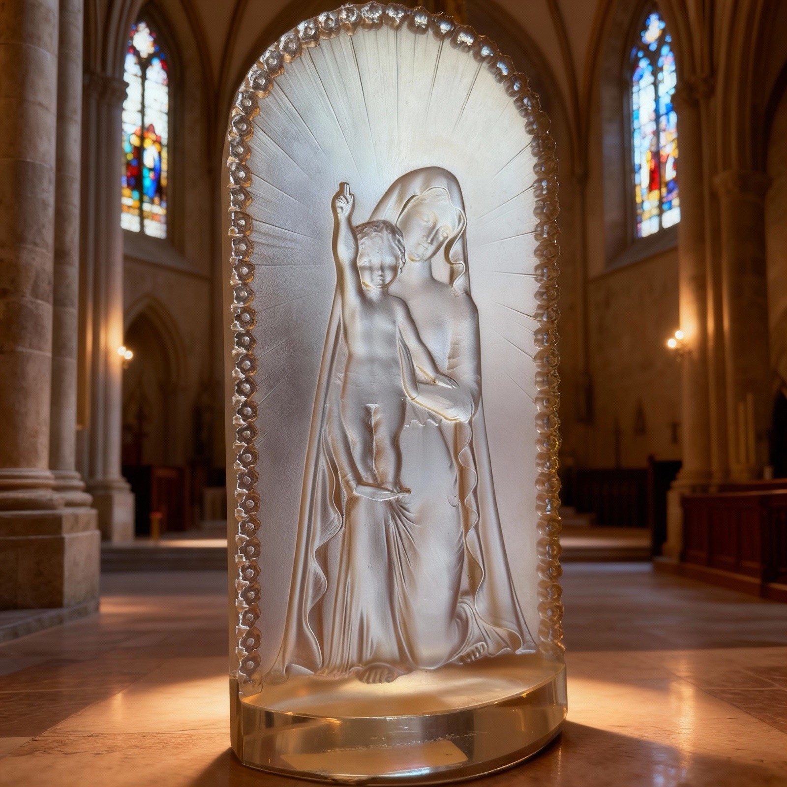 Antique Lalique Frosted Crystal Madonna & Christ Child Sculpture perfect cond