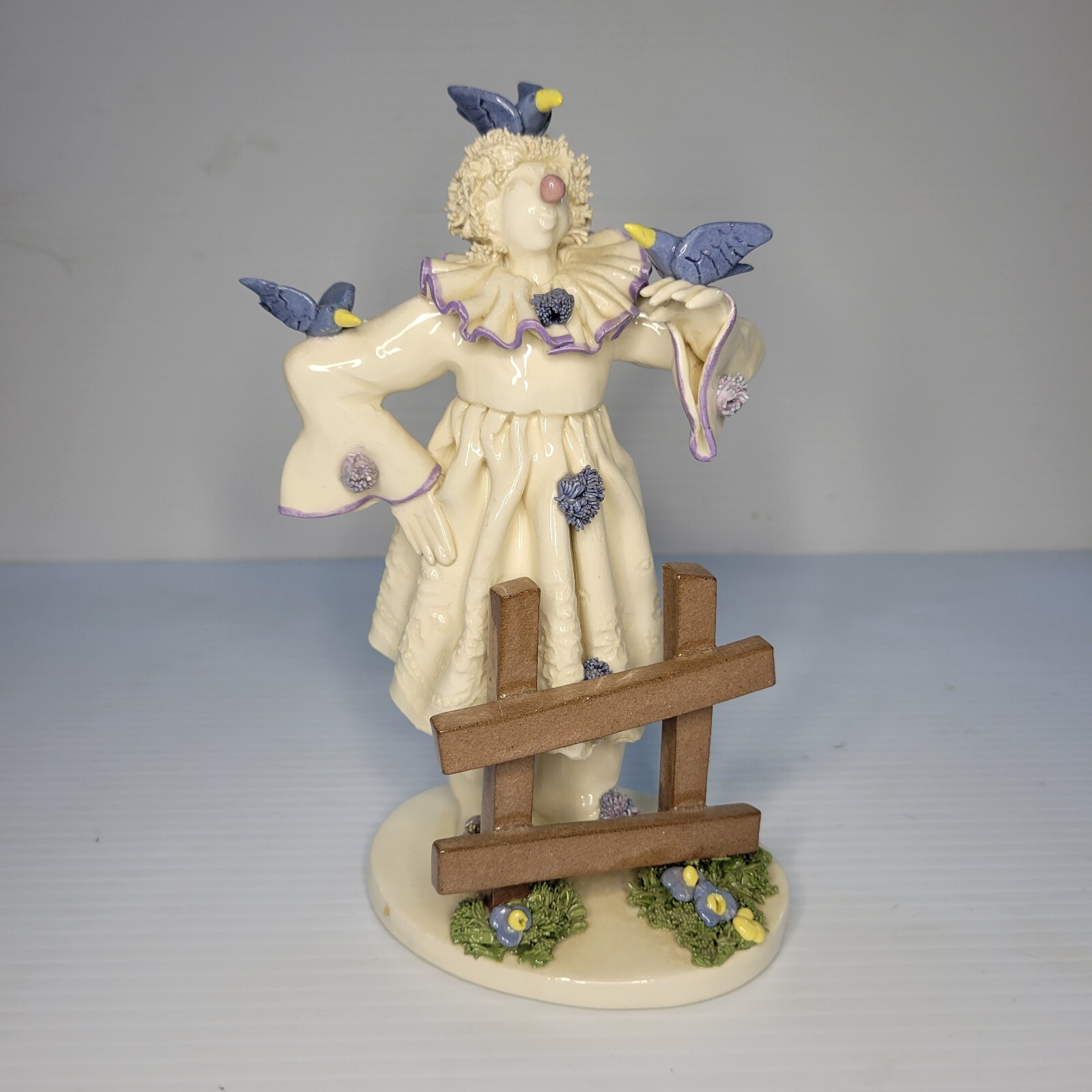 Original Susan Meindl Canada Pottery Harlequin Clown Figure Blue Birds Fence