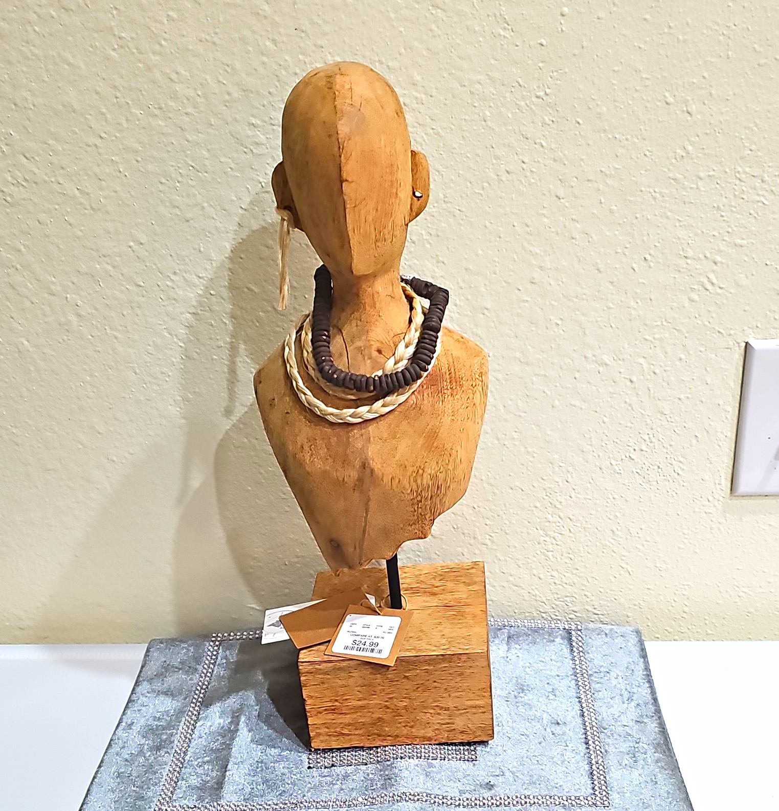   vintage Hand-Carved Wood & Metal  Bust Sculpture /Stand / Beaded Necklace 18×4