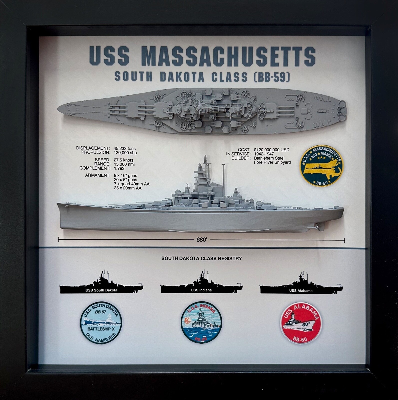 USS Massachusetts Display Box, BB-59, South Dakota Class, WW2, 9" x 9", Black USS Massachusetts Display Box, BB-59, South Dakota Class, WW2, 9" x 9", Black