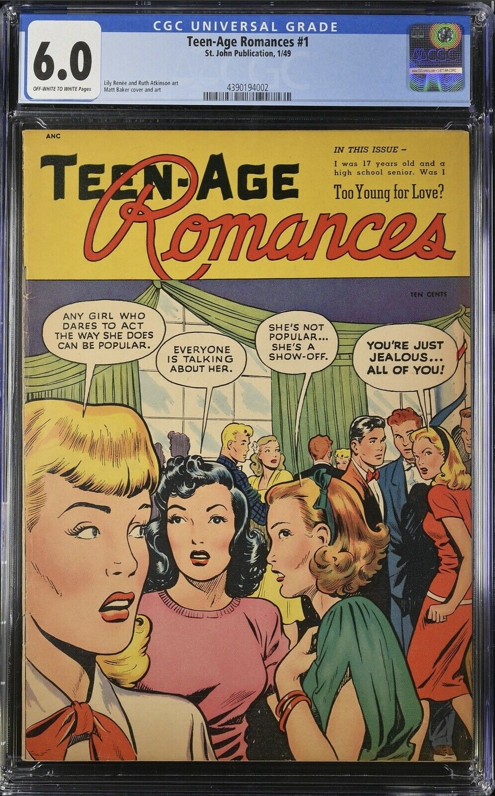 Teen-age Romances #1 (St. John, 1949) CGC 6.0 Matt Baker Cover Rare Beauty