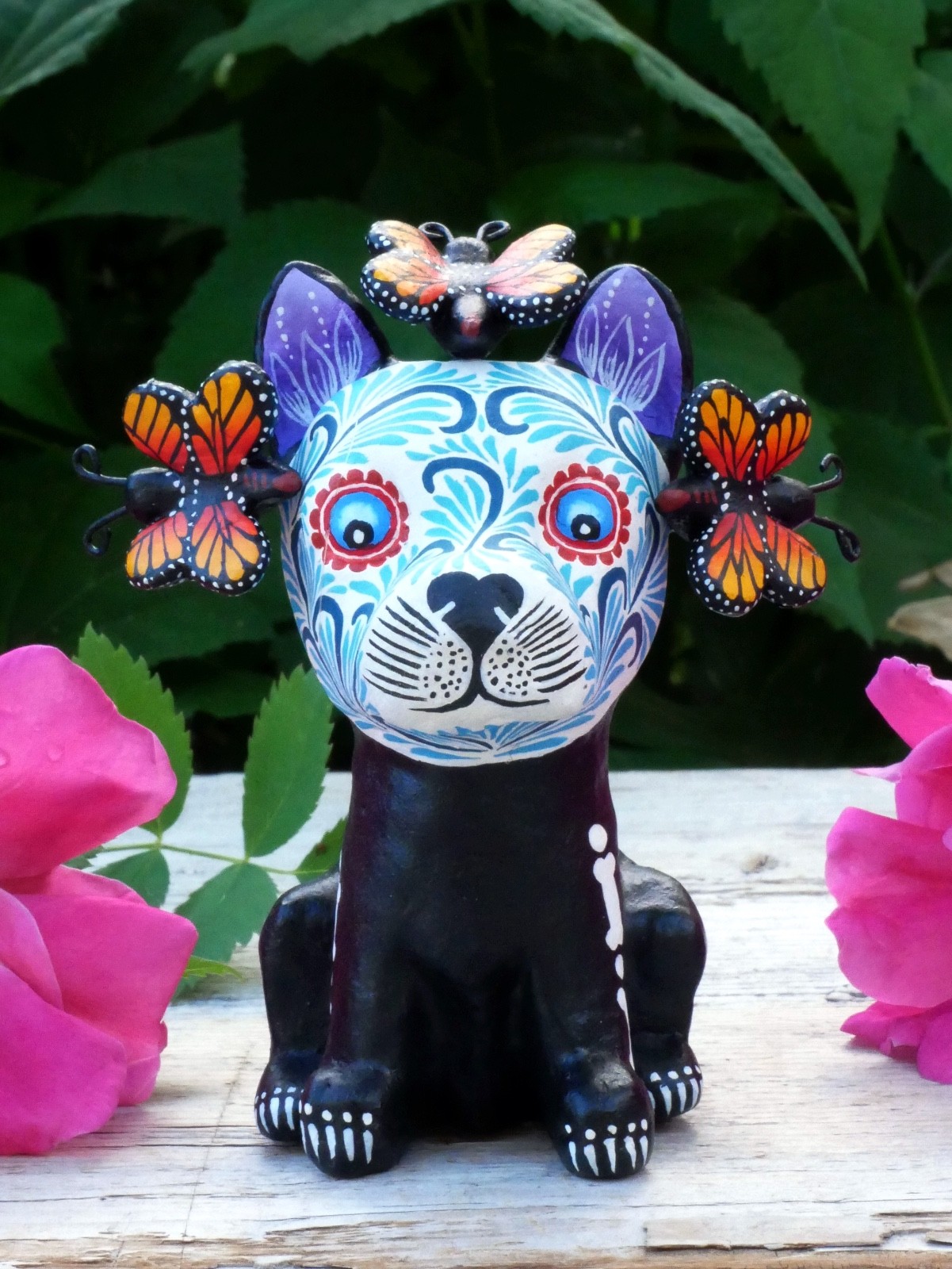 Day of the Dead Dog with Monarch Butterfiles Handmade Mexican Folk Art Small Sz Day of the Dead Dog with Monarch Butterfiles Handmade Mexican Folk Art Small Sz