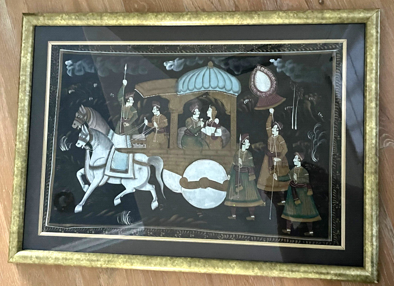 VTG LG Framed -Mughal Hand Painted Silk Art -Procession -Wedding -India 30x22 VTG LG Framed -Mughal Hand Painted Silk Art -Procession -Wedding -India 30x22