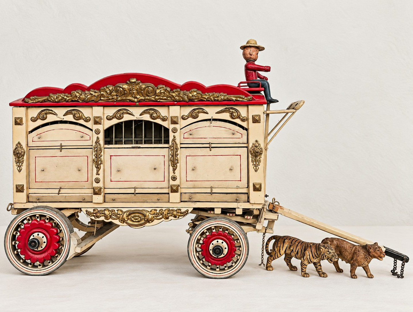 Antique Handmade Circus Wagon Folk Art Model w/ Driver & Figures 18" Wood