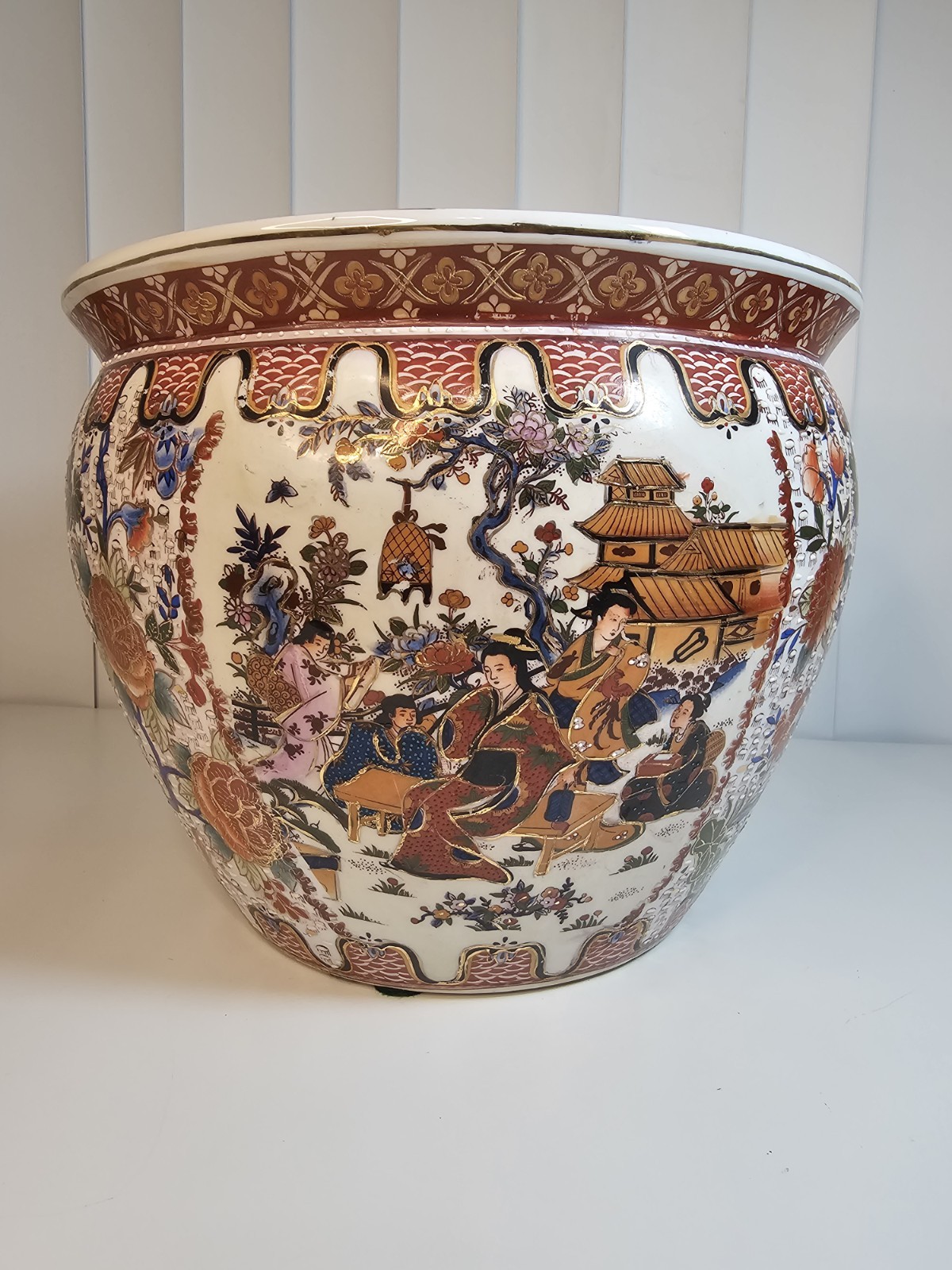 Vintage Chinese Satsuma Hand Painted Chinoiserie Koi Fish Bowl Pot Planter Vase Vintage Chinese Satsuma Hand Painted Chinoiserie Koi Fish Bowl Pot Planter Vase
