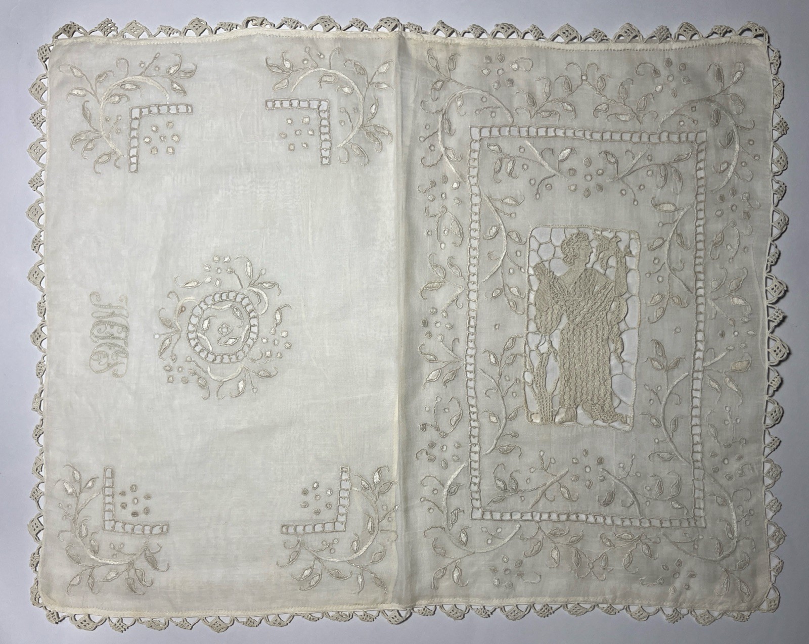 Antique Italian Figural Needle Lace Pillow Sham Cover IHS Christogram Cutwork