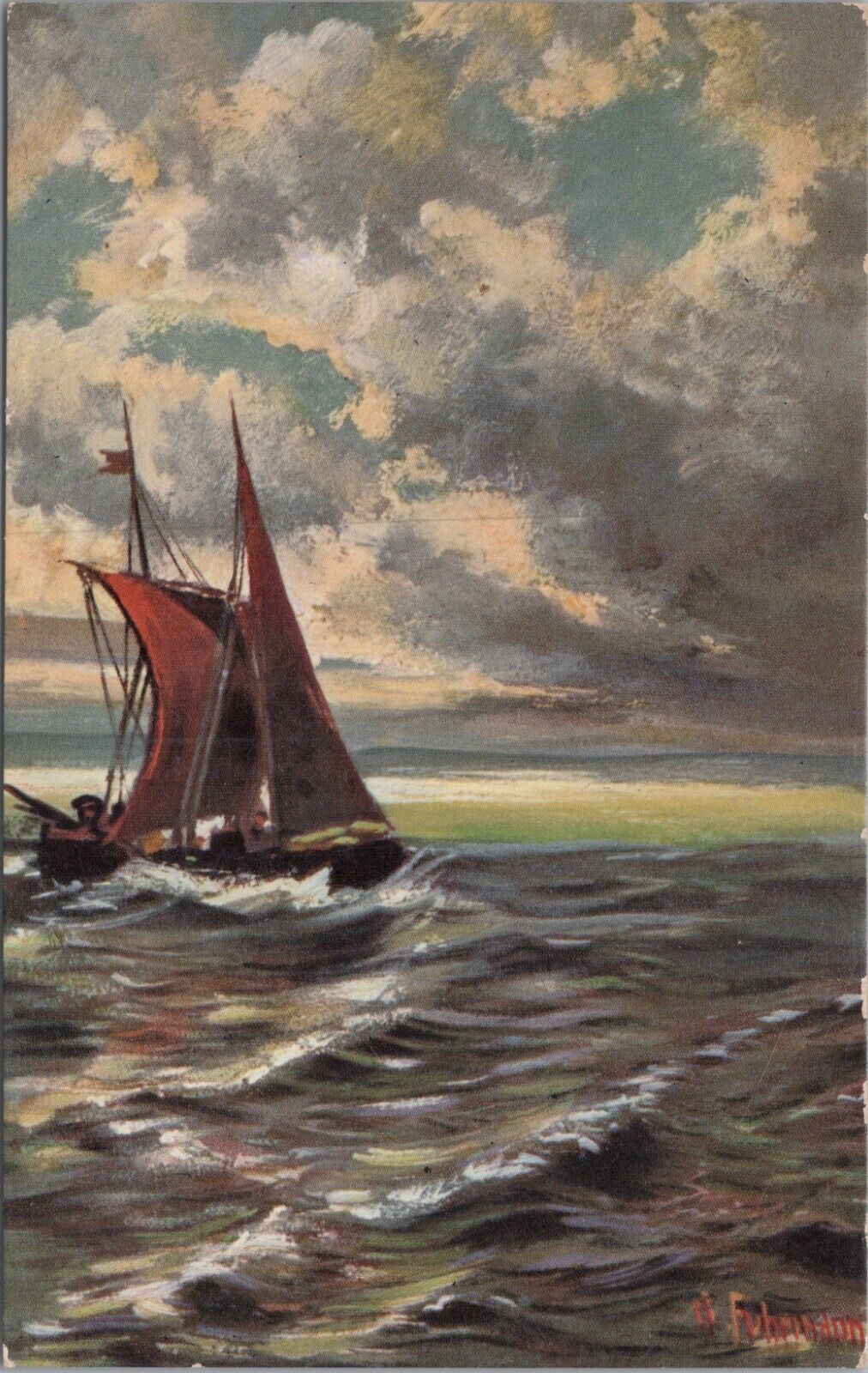 Artist G. Fuhrmann Seascape Sailboat Red Sails Grey Seas ASM Postcard  4790.3.5