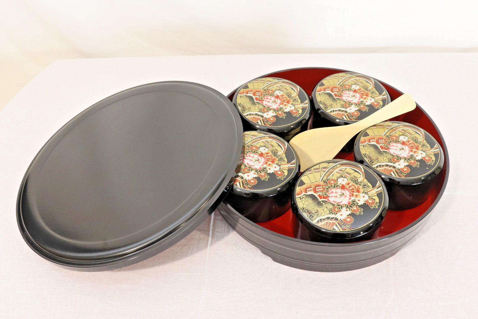 Japanese Vintage Lidded Chirashi Sushi Oke Bowl Set 5 Bowls Wooden Paddle Boxed