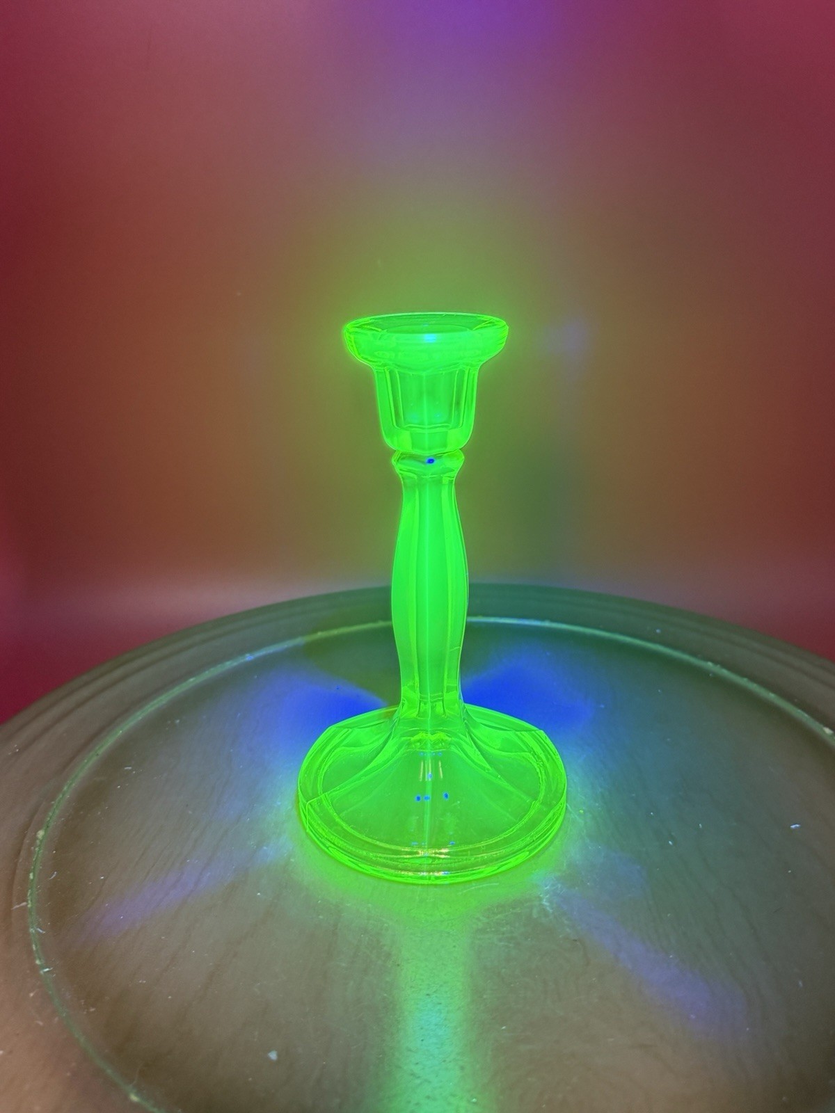 Vintage Uranium Glass Candlestick Holder LOOK AT THAT GLOW Vintage Uranium Glass Candlestick Holder LOOK AT THAT GLOW