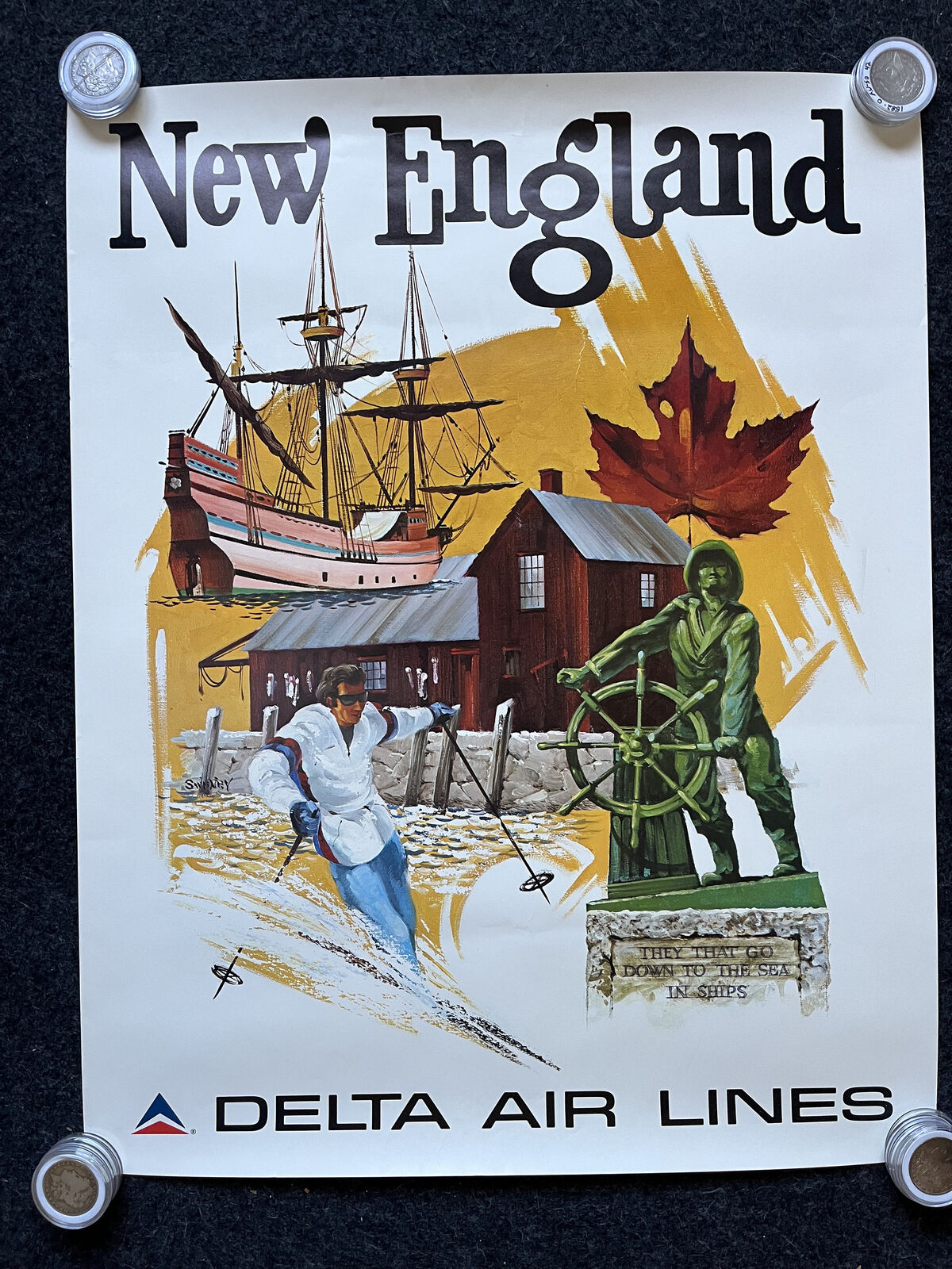 Original New England Travel Poster, Northwest Skiing Gifts, Vintage Aviation Tr