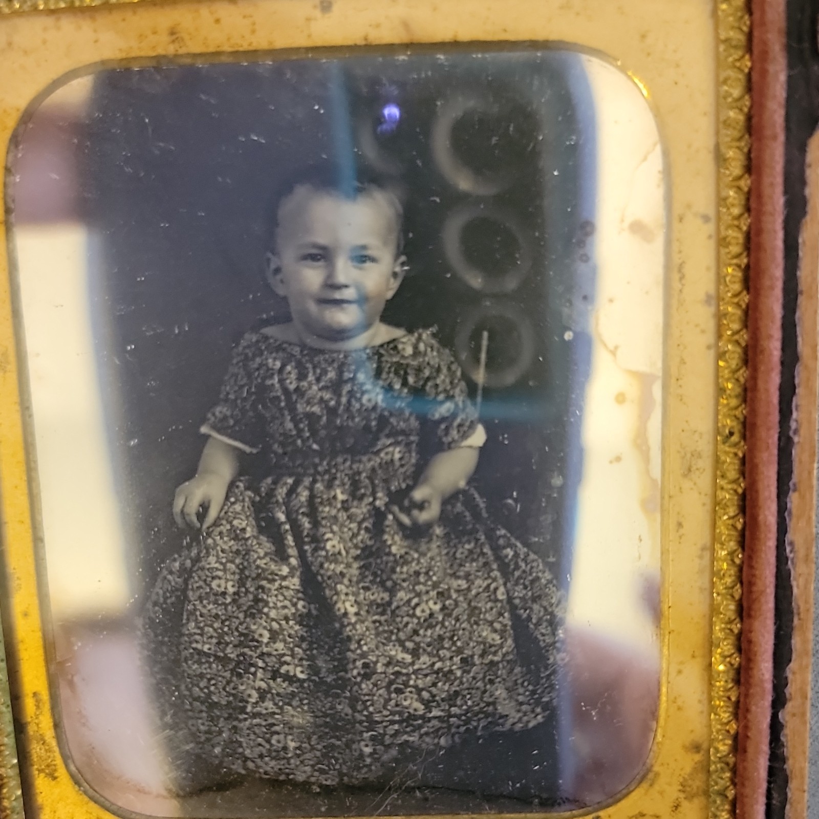 Antique 1/6 Daguerreotype Seated Child Patterned Dress Floral Motif Half Case