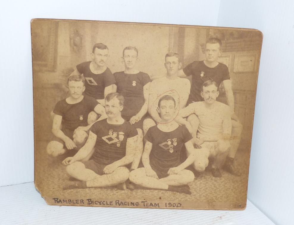 Antique 1900 Cabinet Card Photo Rambler Bicycle Racing Team Wearing Medals Antique 1900 Cabinet Card Photo Rambler Bicycle Racing Team Wearing Medals