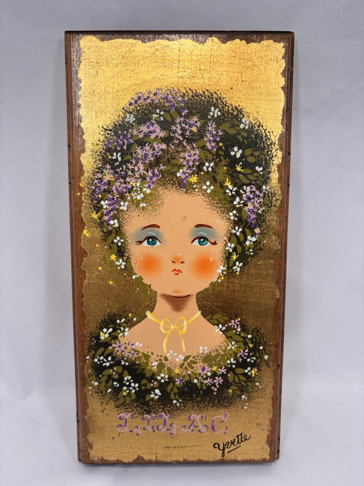vintage 60s folk art / cottagecore / boho wall décor/ Gold Guilt Signed Read…