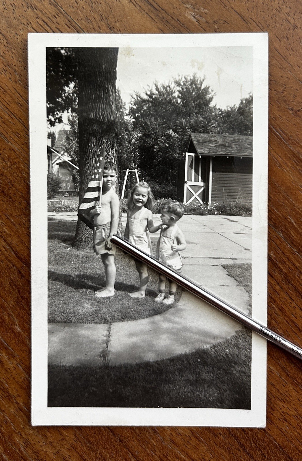 Vintage 1944 WWII Era Patriotic Cute Kids with American Flag Original Photo Vintage 1944 WWII Era Patriotic Cute Kids with American Flag Original Photo