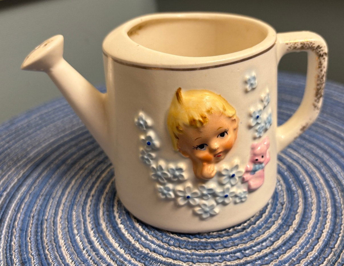 NAPCO Baby & Bear Watering Can Ceramic Planter Vase Napcoware Japan Vintage 50's NAPCO Baby & Bear Watering Can Ceramic Planter Vase Napcoware Japan Vintage 50's