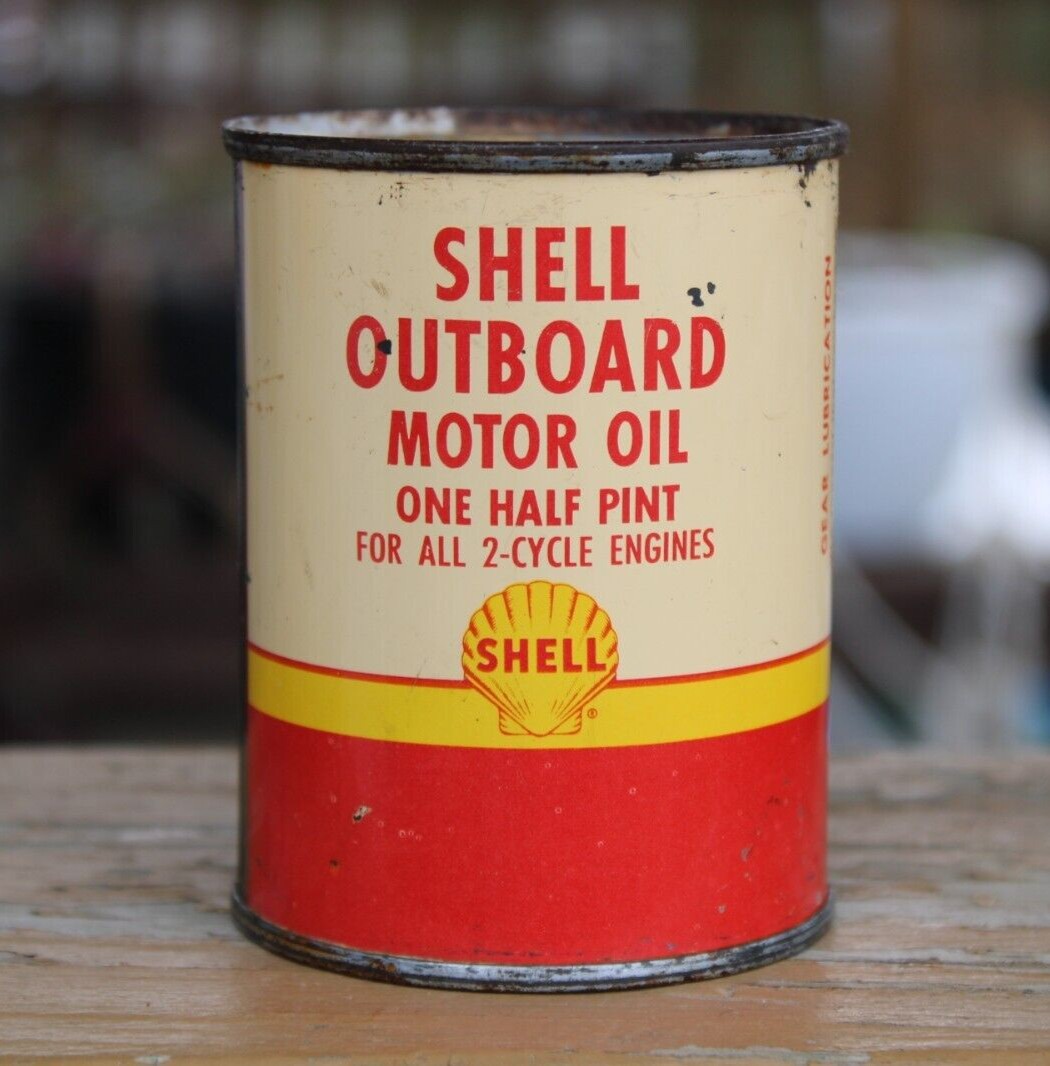 1940s Era Shell Outboard Motor Oil Old Solder Seam Tin Can Collectible 1940s Era Shell Outboard Motor Oil Old Solder Seam Tin Can Collectible