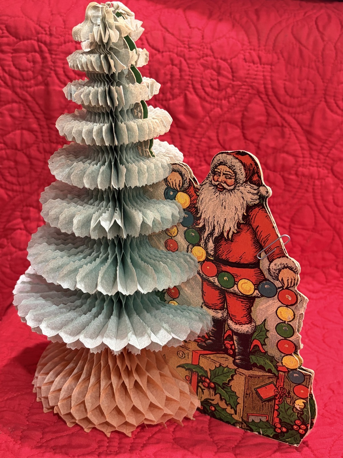 Antique 1925 Biestle Santa & Tree Honeycomb Tissue Paper Fold-Out Retro Die Cut Antique 1925 Biestle Santa & Tree Honeycomb Tissue Paper Fold-Out Retro Die Cut